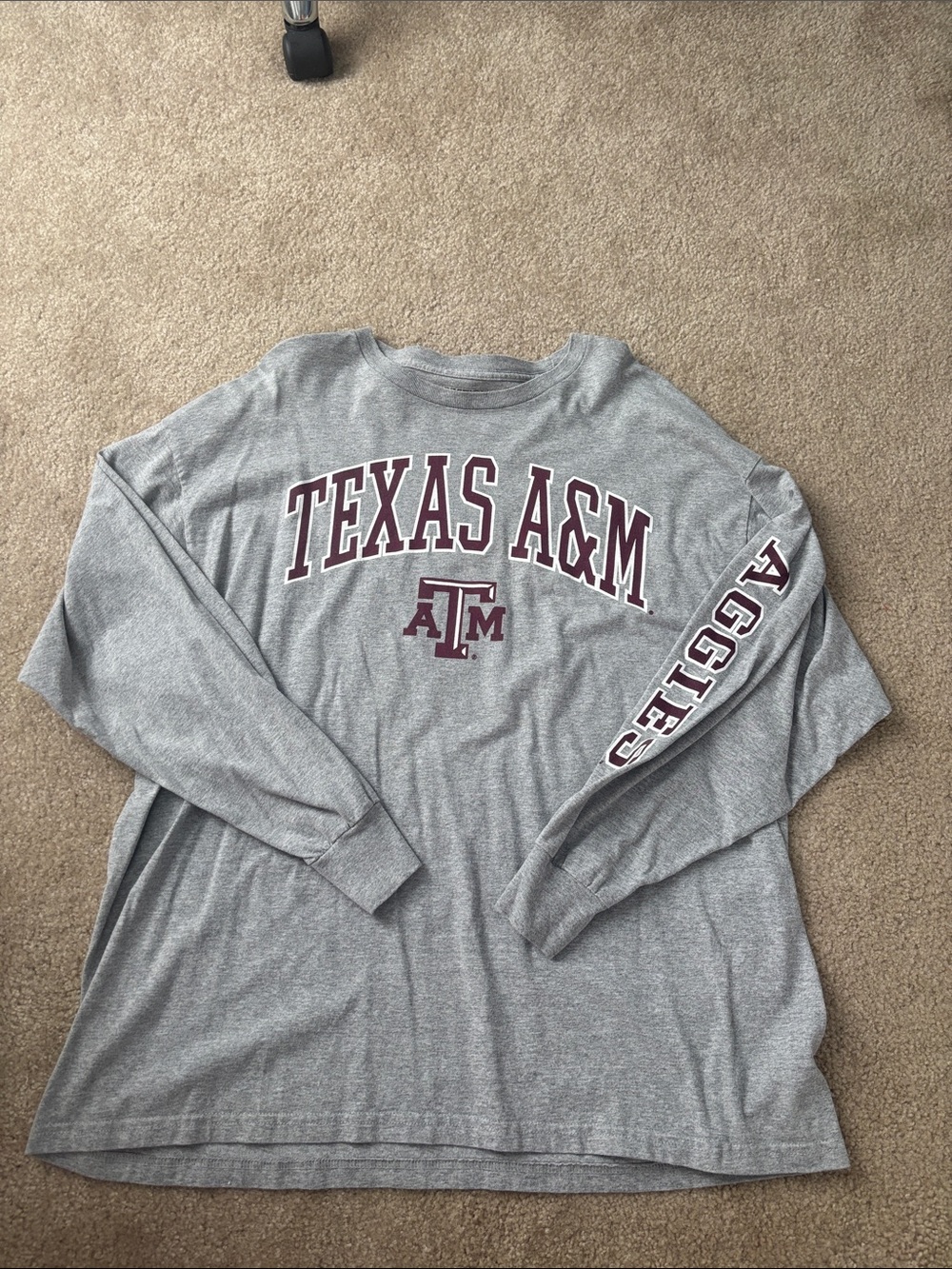 Texas A&M Gray Long Sleeve Tee - Maroon Lettering